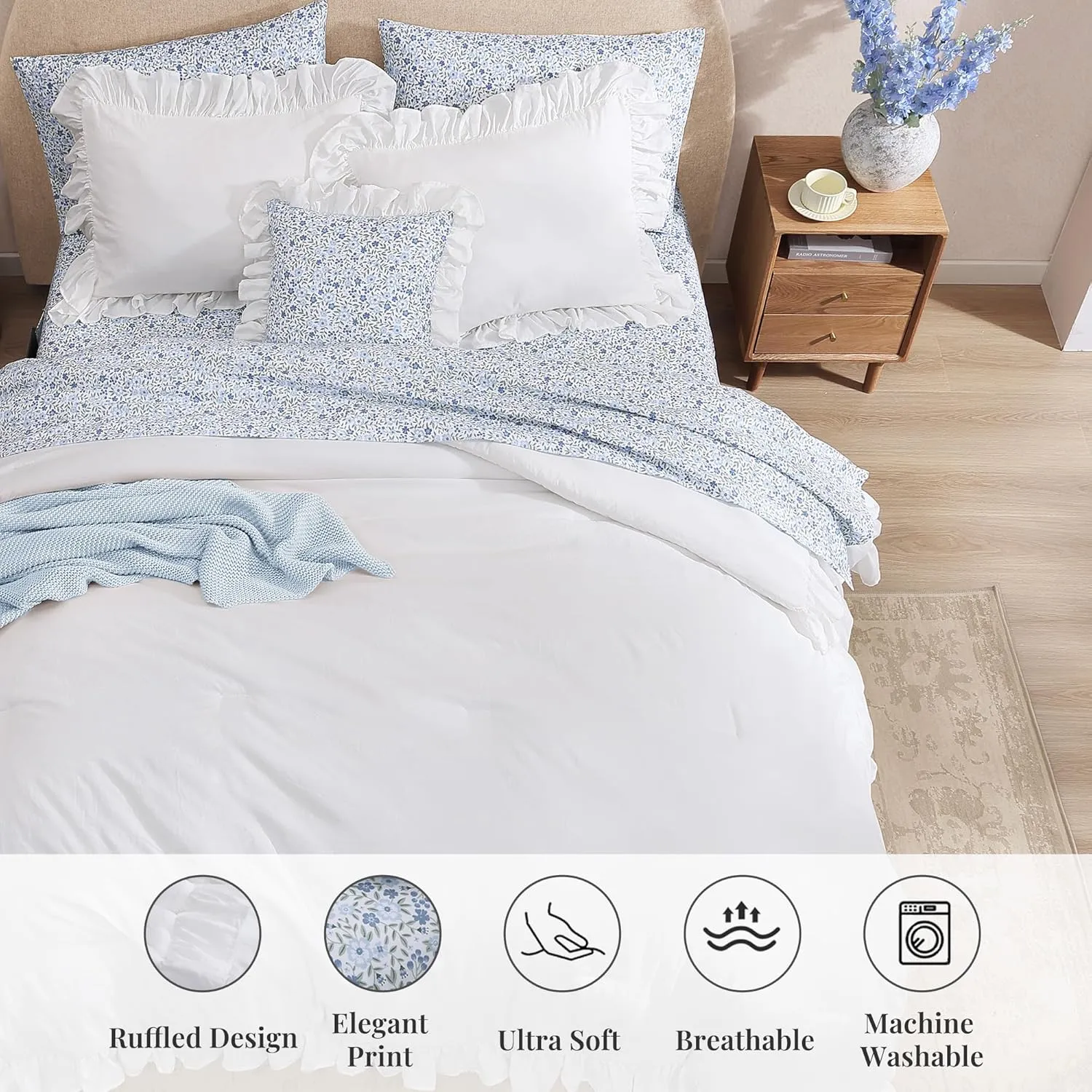 King Comforter Set - 7 Pieces Ruffle White Bedding Sets, Shabby Chic Farmhouse Bed in a Bag King with Ruffle Comforter, Floral Sheets, Pillowcases & Shams