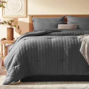 King Size Comforter Set 8 Pieces, Seersucker Bed in a Bag King, Dark Grey Comforter with Sheets, Comforters King Size Bedding Sets with Comforter, Sheets, Pillowcase & Sham and Bed Skirt