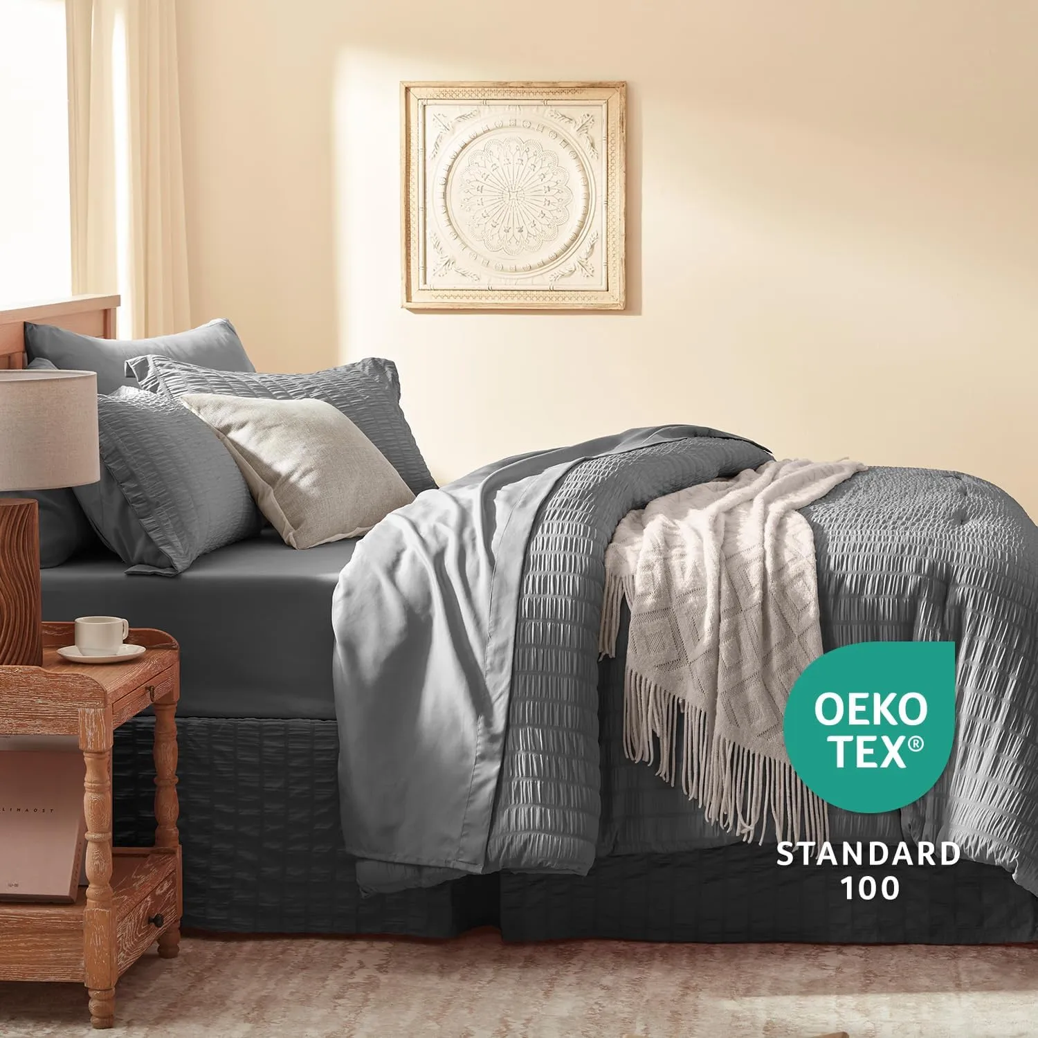 King Size Comforter Set 8 Pieces, Seersucker Bed in a Bag King, Dark Grey Comforter with Sheets, Comforters King Size Bedding Sets with Comforter, Sheets, Pillowcase & Sham and Bed Skirt