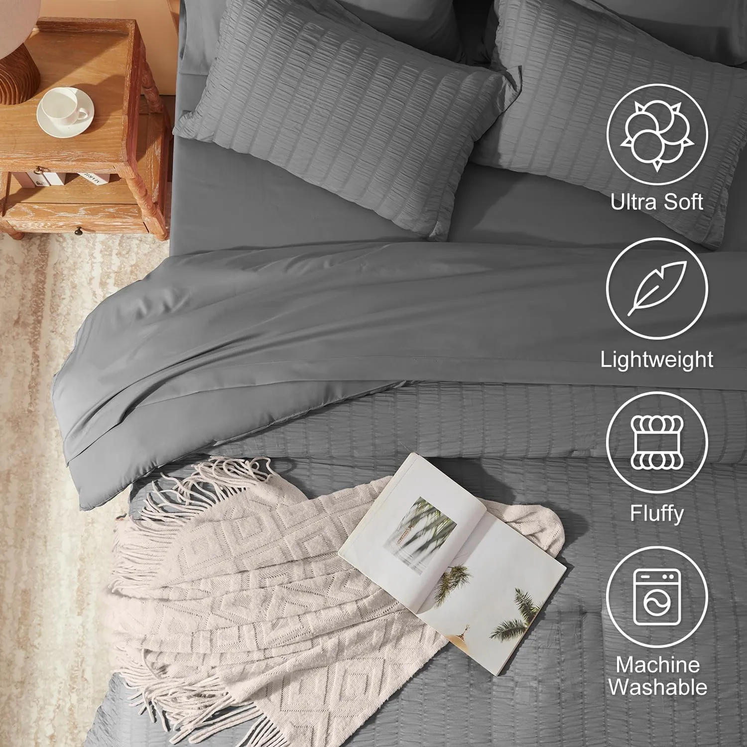 King Size Comforter Set 8 Pieces, Seersucker Bed in a Bag King, Dark Grey Comforter with Sheets, Comforters King Size Bedding Sets with Comforter, Sheets, Pillowcase & Sham and Bed Skirt