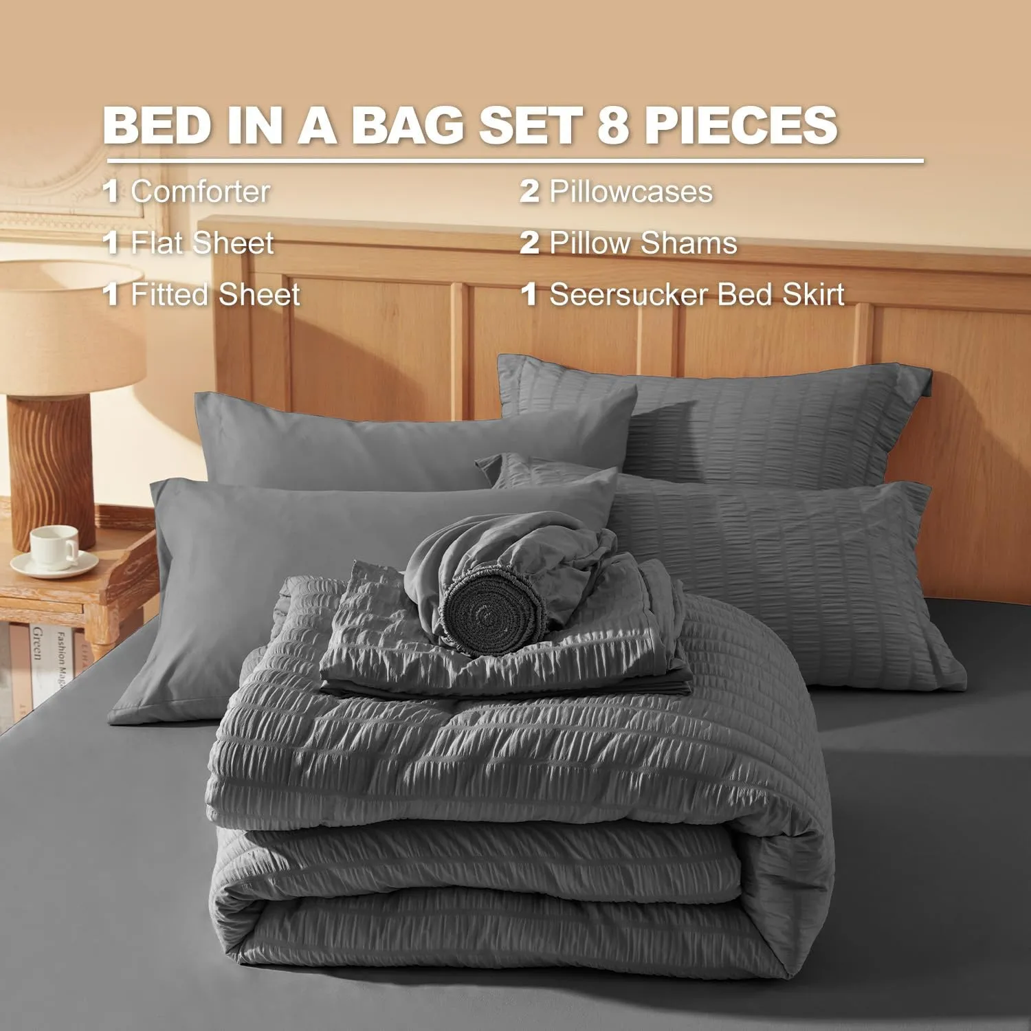 King Size Comforter Set 8 Pieces, Seersucker Bed in a Bag King, Dark Grey Comforter with Sheets, Comforters King Size Bedding Sets with Comforter, Sheets, Pillowcase & Sham and Bed Skirt