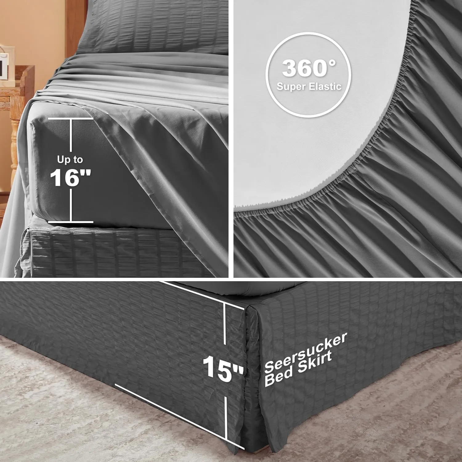 King Size Comforter Set 8 Pieces, Seersucker Bed in a Bag King, Dark Grey Comforter with Sheets, Comforters King Size Bedding Sets with Comforter, Sheets, Pillowcase & Sham and Bed Skirt