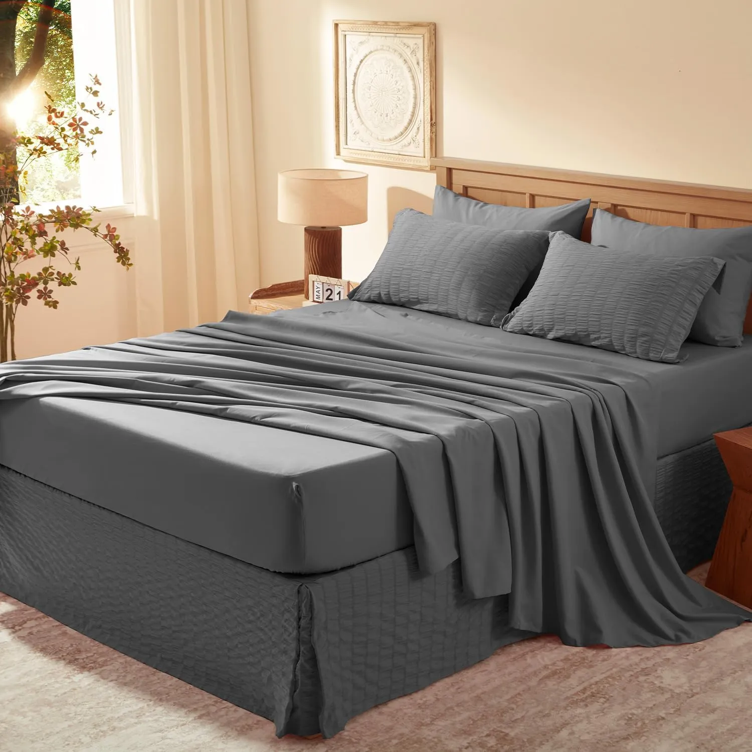 King Size Comforter Set 8 Pieces, Seersucker Bed in a Bag King, Dark Grey Comforter with Sheets, Comforters King Size Bedding Sets with Comforter, Sheets, Pillowcase & Sham and Bed Skirt