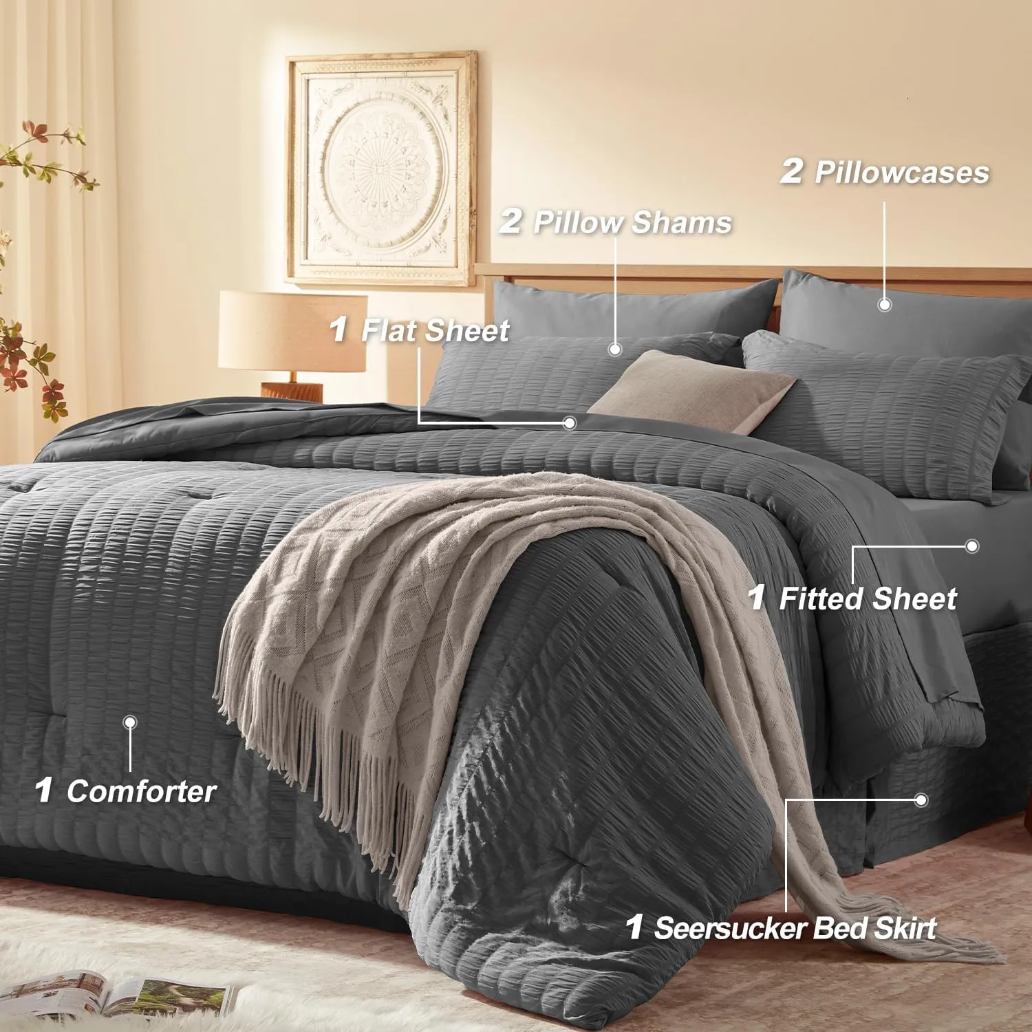 King Size Comforter Set 8 Pieces, Seersucker Bed in a Bag King, Dark Grey Comforter with Sheets, Comforters King Size Bedding Sets with Comforter, Sheets, Pillowcase & Sham and Bed Skirt