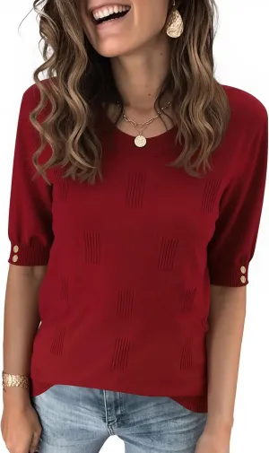Kistore Womens Short Sleeve Sweaters Crewneck Sweater Shirts Business Casual Tops Outfits with Decor Buttons