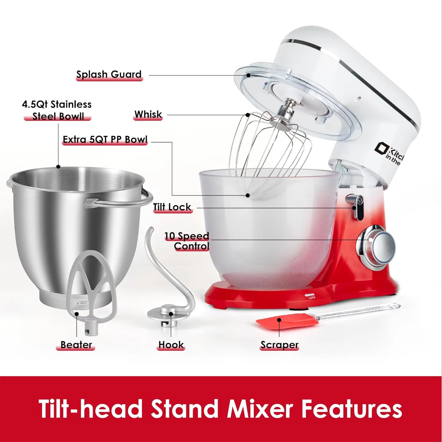 Kitchen in the box Stand Mixer, 5QT   4.5QT Two bowls Electric Food Mixer, 10 Speeds Kitchen Mixer for Daily Use with Egg Whisk,Dough Hook,Flat Beater (Gradient Red, 5QT)