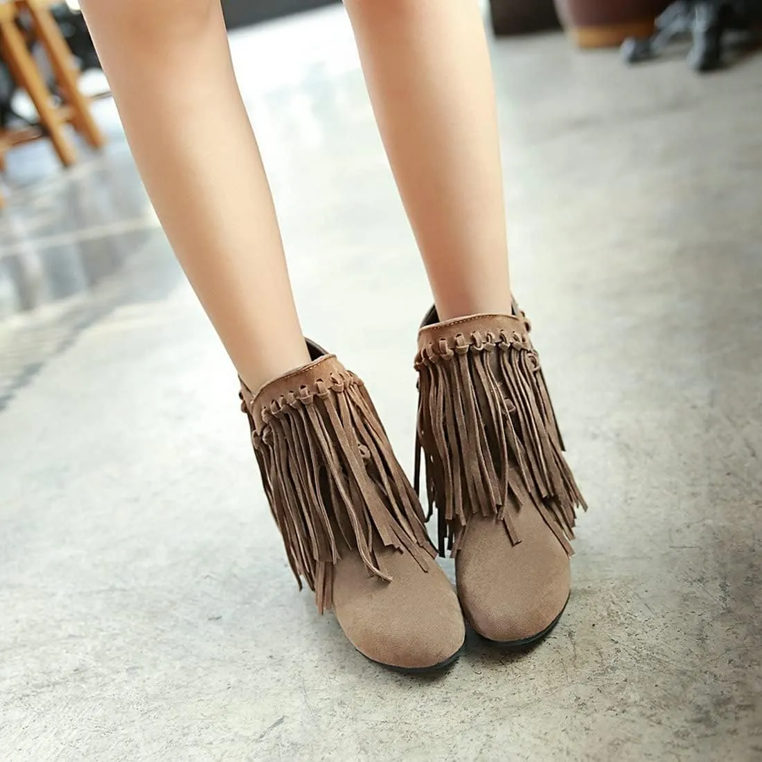 KiutSymo Womens Ankle Fringe Boots Round Toe Wide Calf Flat Tassel Boots Casual Hidden Wedge Heels Ankle Boots for Winter