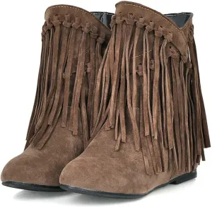 KiutSymo Womens Ankle Fringe Boots Round Toe Wide Calf Flat Tassel Boots Casual Hidden Wedge Heels Ankle Boots for Winter