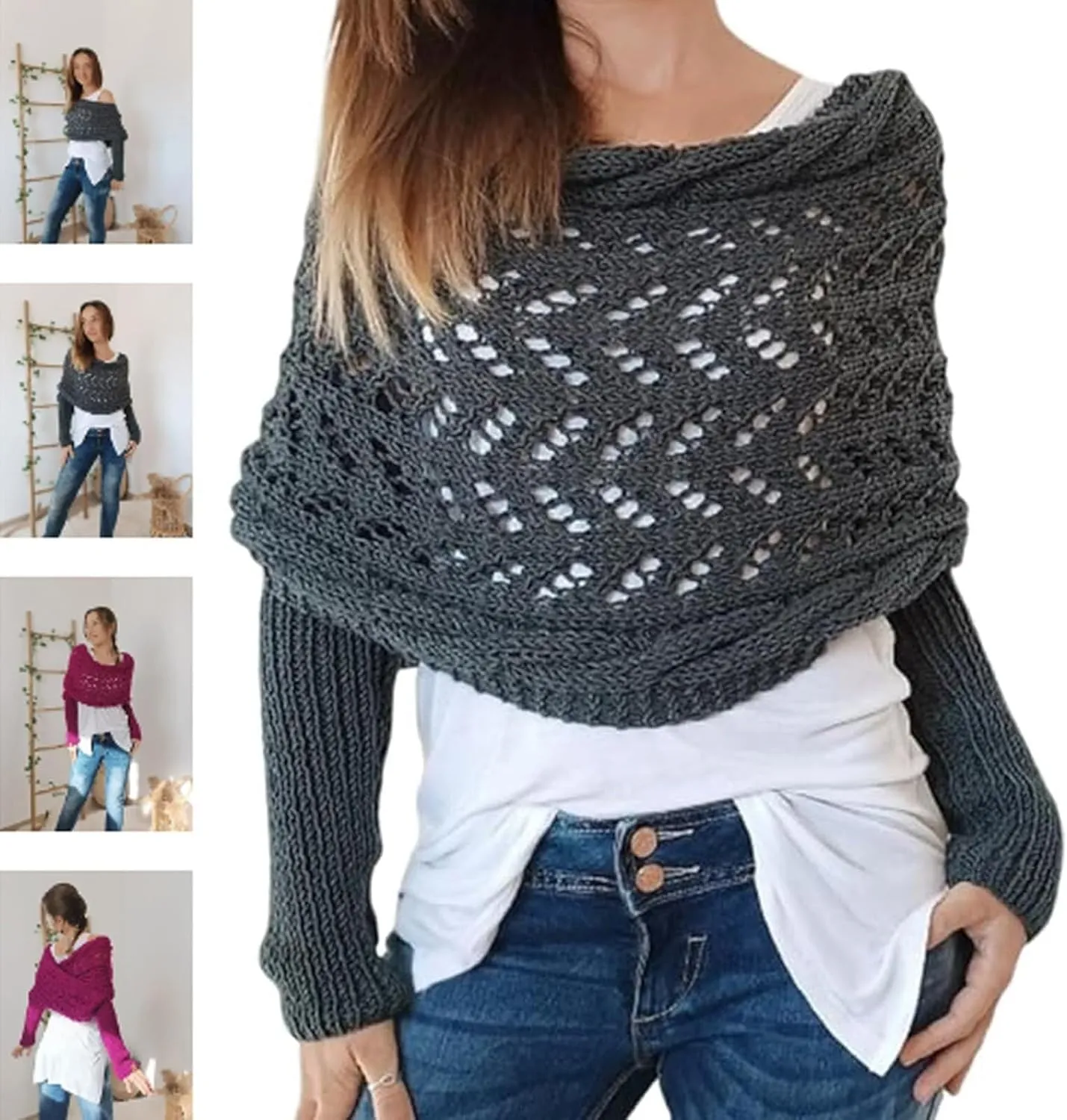Knitted Cable Wrap Shawl with Sleeves, Multifunctional Scarf
