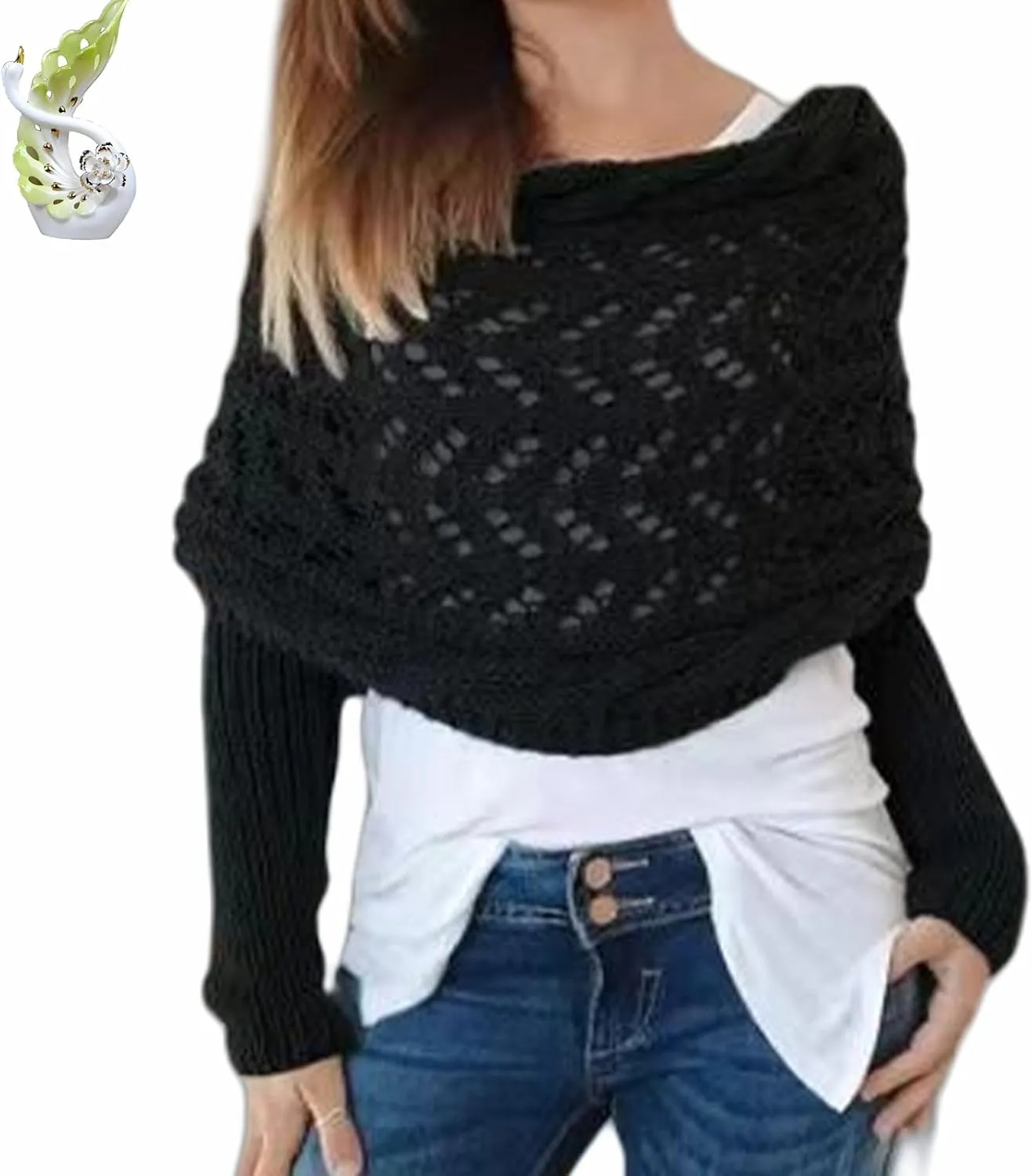 Knitted Cable Wrap Shawl with Sleeves, Multifunctional Scarf