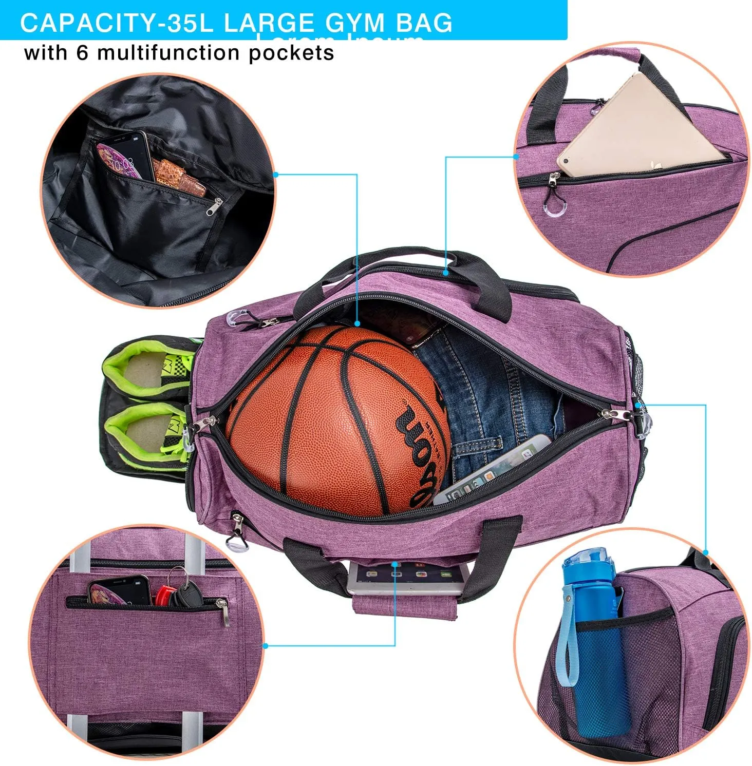 Kuston Sports Gym Bag with Shoes Compartment &Wet Pocket Gym Duffel Bag Overnight Bag for Men and Women