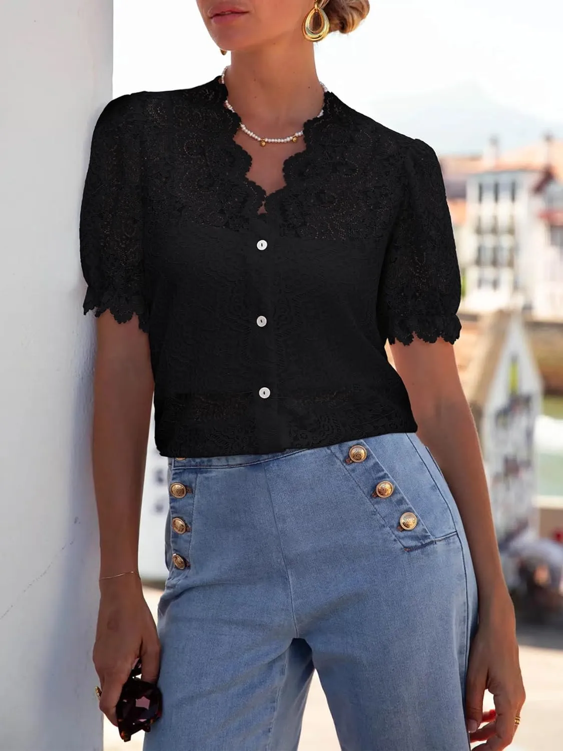Lace Tops for Women Dressy Casual V Neck Short Sleeve Button Down Shirts Bussiness Work Office Summer Blouses