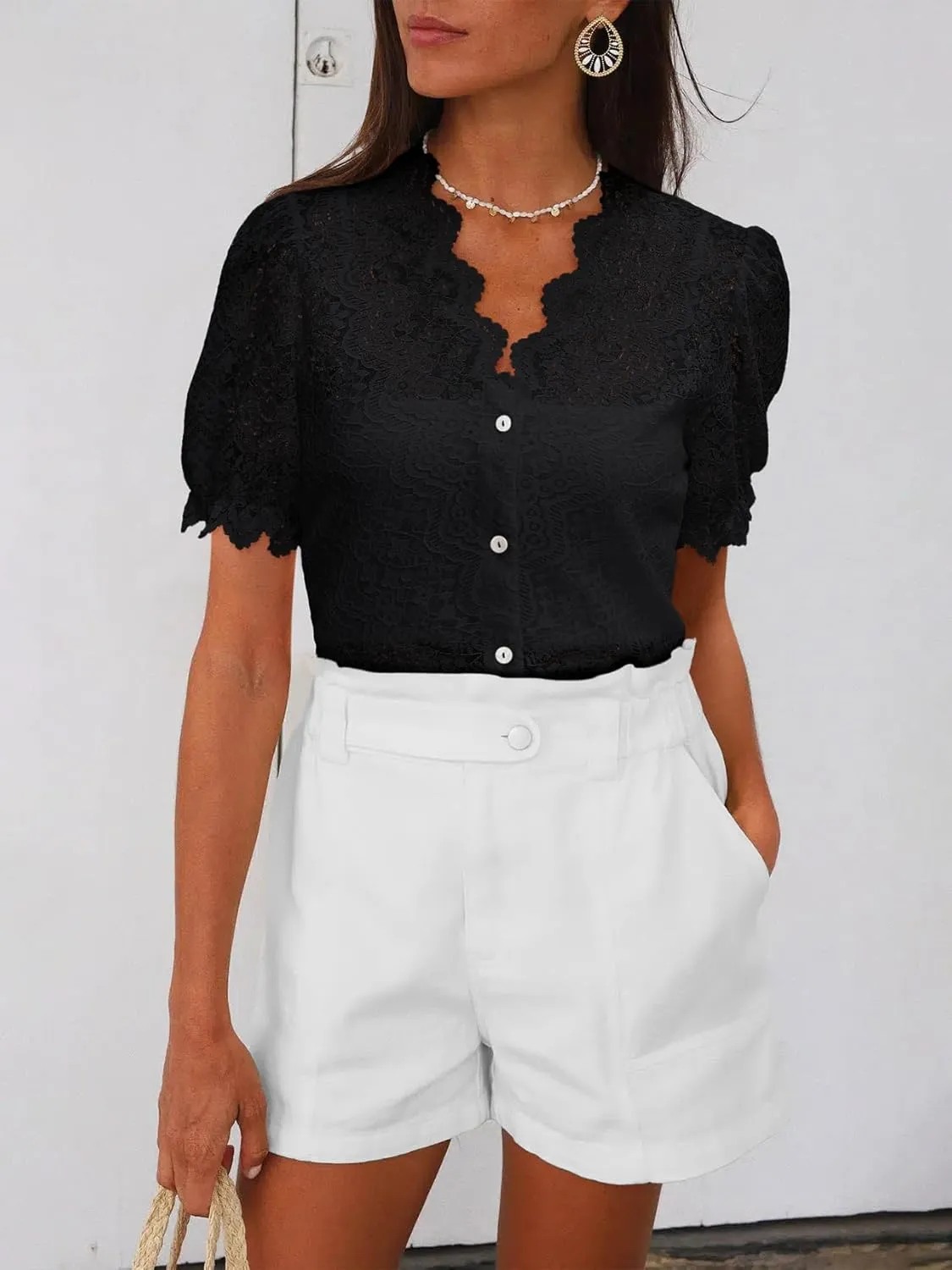 Lace Tops for Women Dressy Casual V Neck Short Sleeve Button Down Shirts Bussiness Work Office Summer Blouses