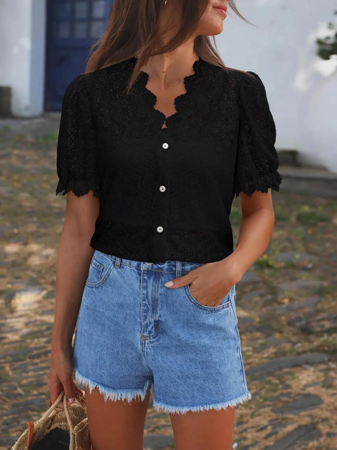 Lace Tops for Women Dressy Casual V Neck Short Sleeve Button Down Shirts Bussiness Work Office Summer Blouses