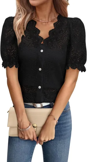 Lace Tops for Women Dressy Casual V Neck Short Sleeve Button Down Shirts Bussiness Work Office Summer Blouses