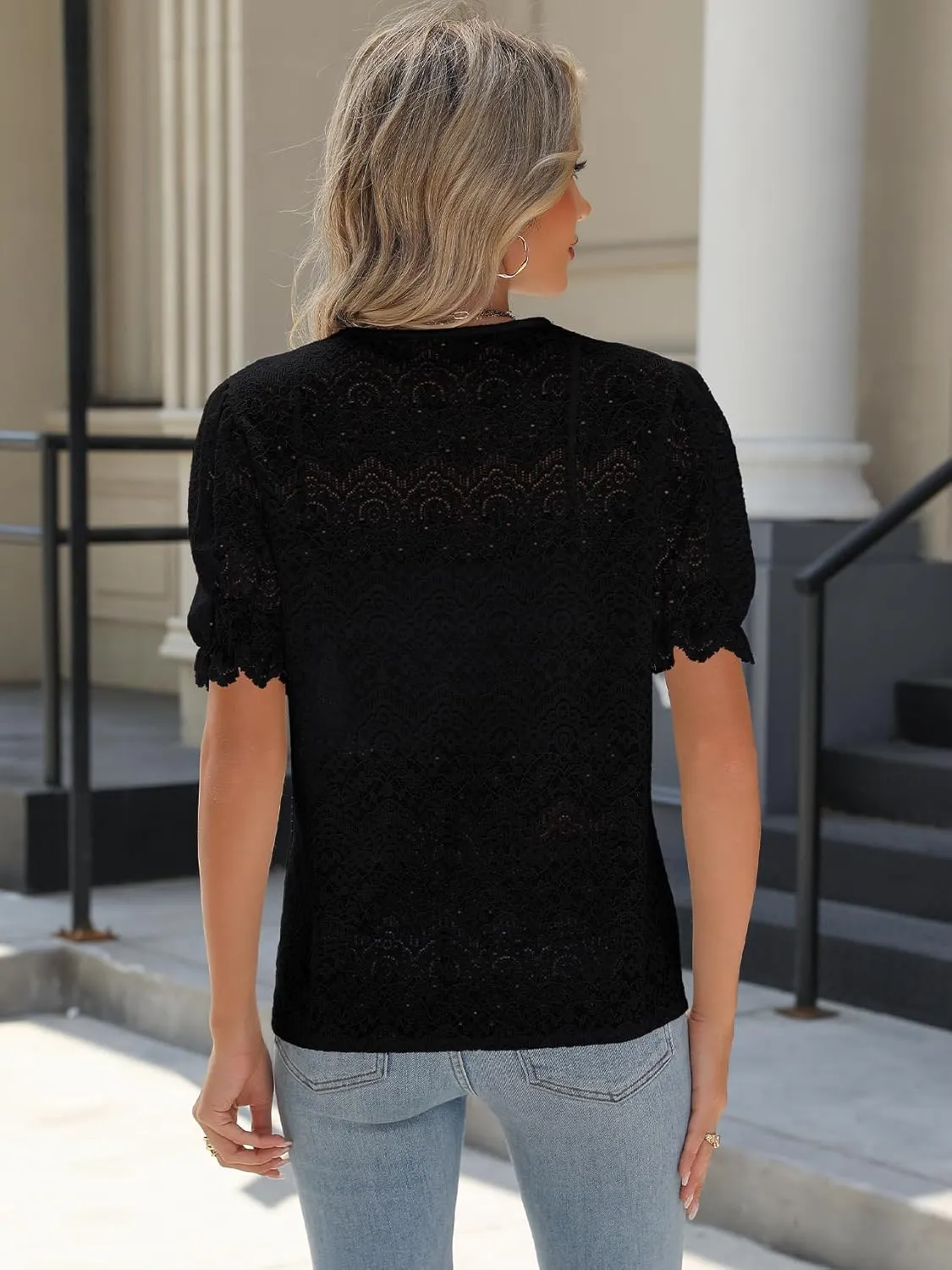Lace Tops for Women Dressy Casual V Neck Short Sleeve Button Down Shirts Bussiness Work Office Summer Blouses