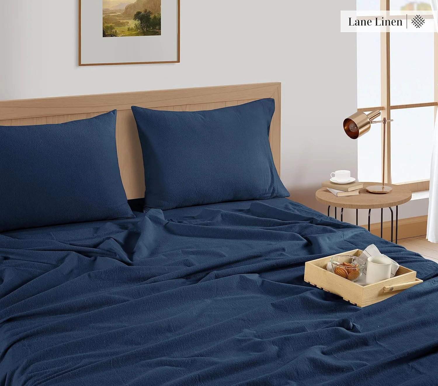 LANE LINEN 100% Cotton Flannel Sheets Twin Size - Brushed for Extra Softness - Lightweight Twin Size Cotton Sheets Set - Warm & Cozy Flannel Winter Bed Sheets, 15" Deep Pocket - Estate Blue