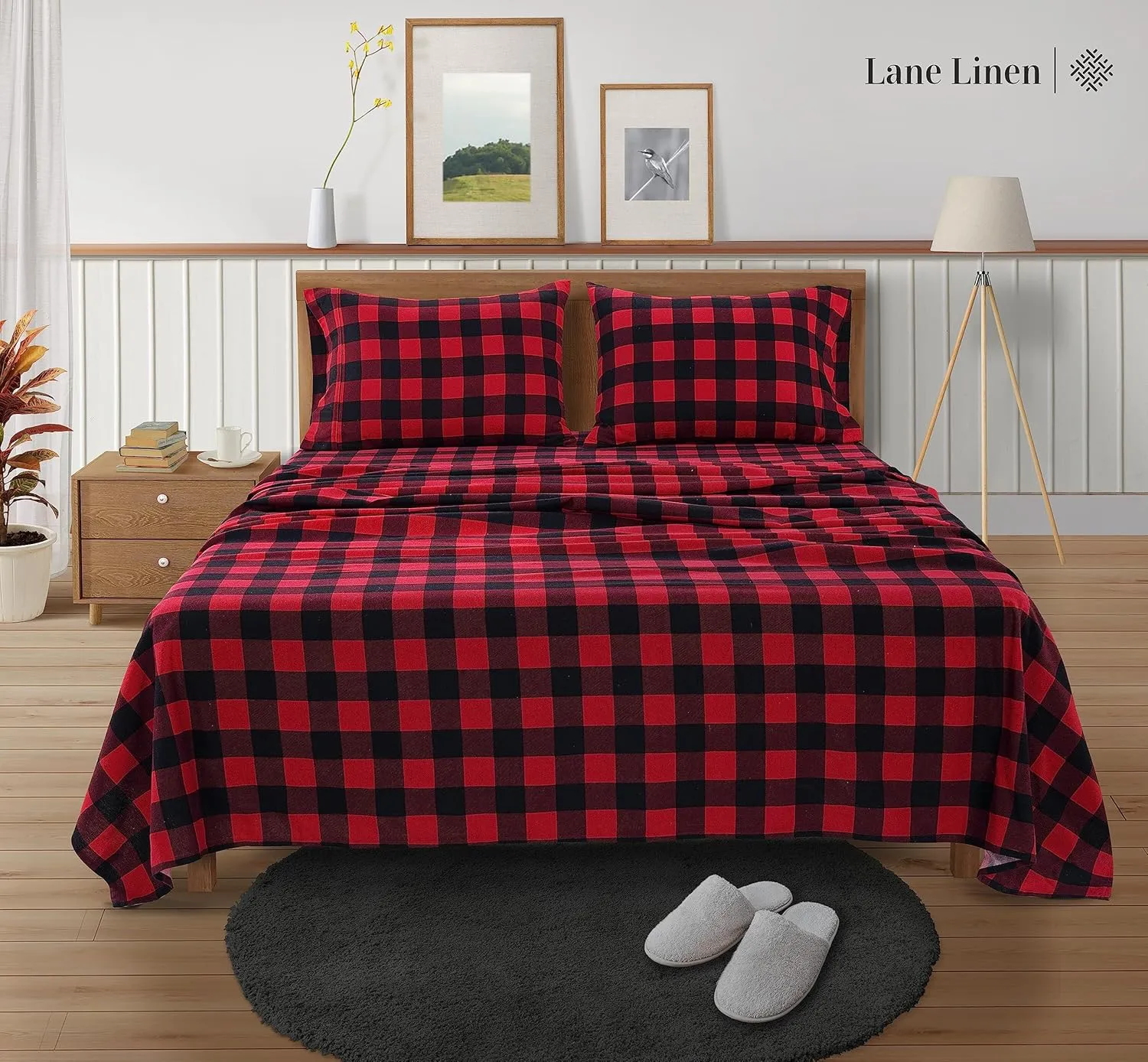 Lane Linen 100% Cotton Queen Flannel Sheets Set - Brushed for Extra Softness - Lightweight & Durable Cotton Flannel Queen Sheets Set - Warm & Cozy Fall Bed Sheets, 15" Deep Pocket - Buffalo Checks Red