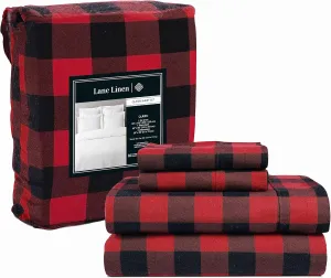 Lane Linen 100% Cotton Queen Flannel Sheets Set - Brushed for Extra Softness - Lightweight & Durable Cotton Flannel Queen Sheets Set - Warm & Cozy Fall Bed Sheets, 15" Deep Pocket - Buffalo Checks Red