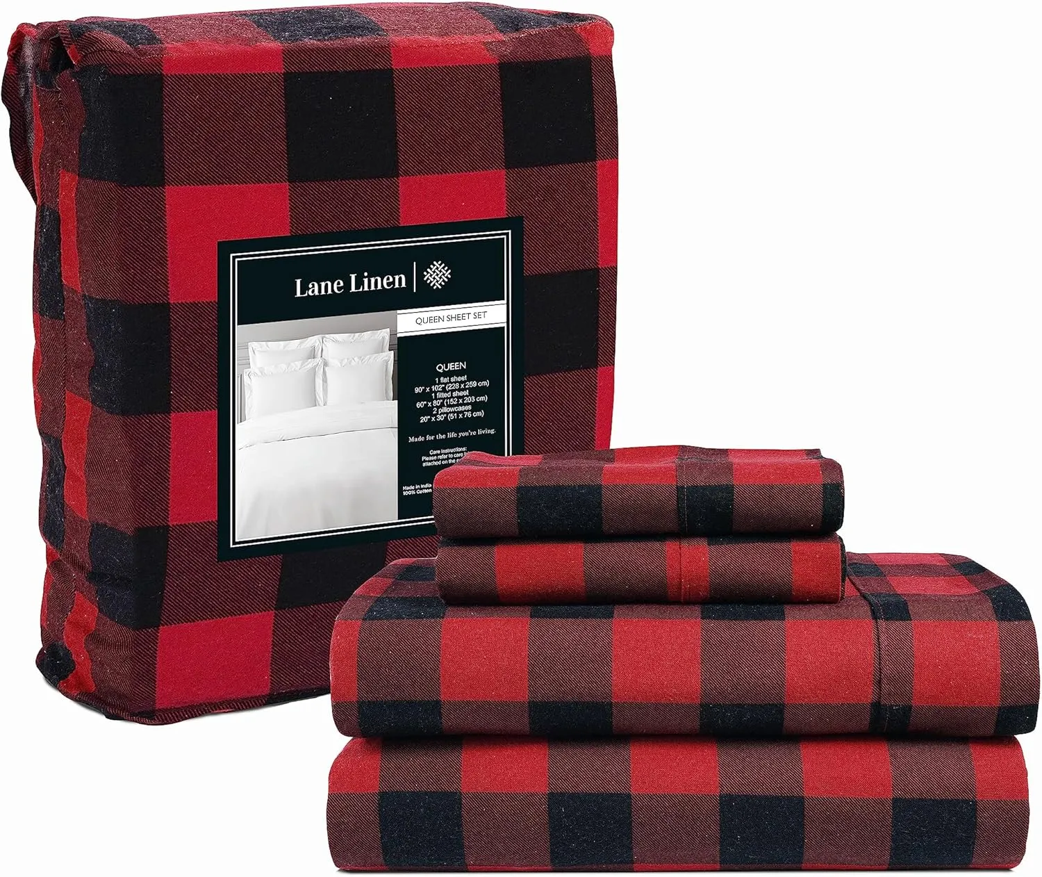 Lane Linen 100% Cotton Queen Flannel Sheets Set - Brushed for Extra Softness - Lightweight & Durable Cotton Flannel Queen Sheets Set - Warm & Cozy Fall Bed Sheets, 15" Deep Pocket - Buffalo Checks Red