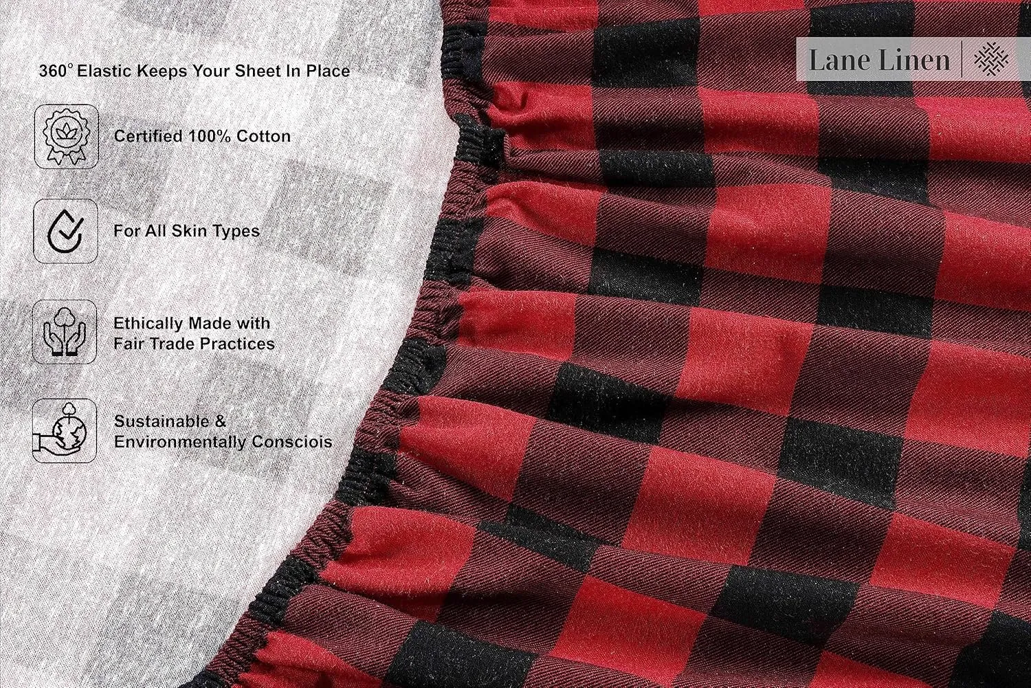 Lane Linen 100% Cotton Queen Flannel Sheets Set - Brushed for Extra Softness - Lightweight & Durable Cotton Flannel Queen Sheets Set - Warm & Cozy Fall Bed Sheets, 15" Deep Pocket - Buffalo Checks Red