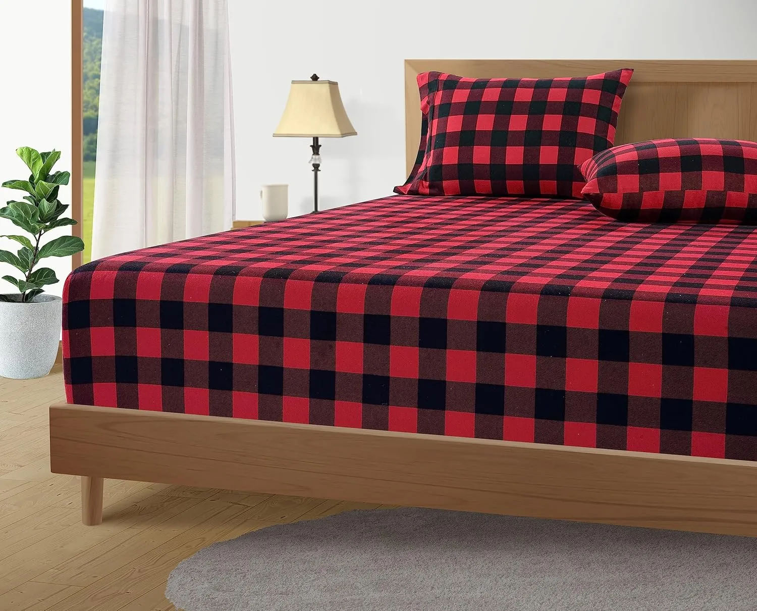 Lane Linen 100% Cotton Queen Flannel Sheets Set - Brushed for Extra Softness - Lightweight & Durable Cotton Flannel Queen Sheets Set - Warm & Cozy Fall Bed Sheets, 15" Deep Pocket - Buffalo Checks Red