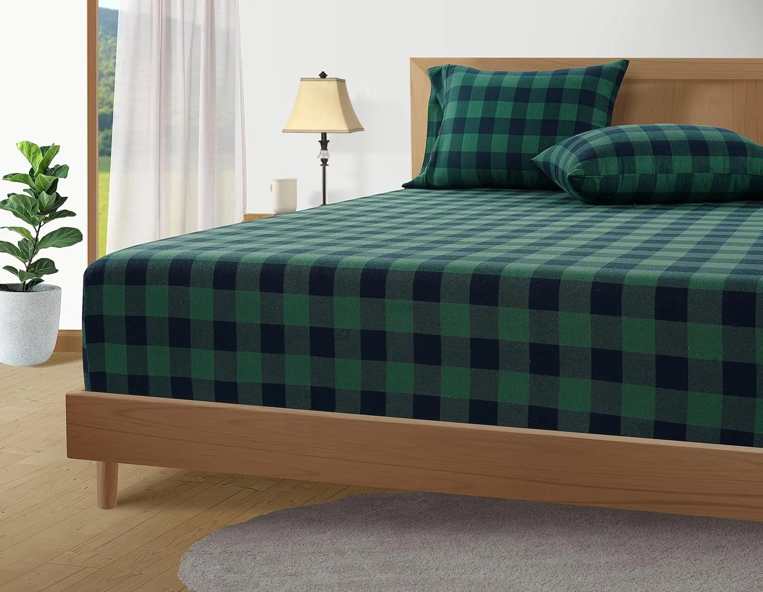 LANE LINEN Cotton Flannel Queen Sheet Set - Brushed for Extra Softness - Lightweight Queen Size 100% Cotton Sheets - Warm & Cozy Flannel Cotton Bed Sheets, 15" Deep Pocket - Buffalo Checks Green