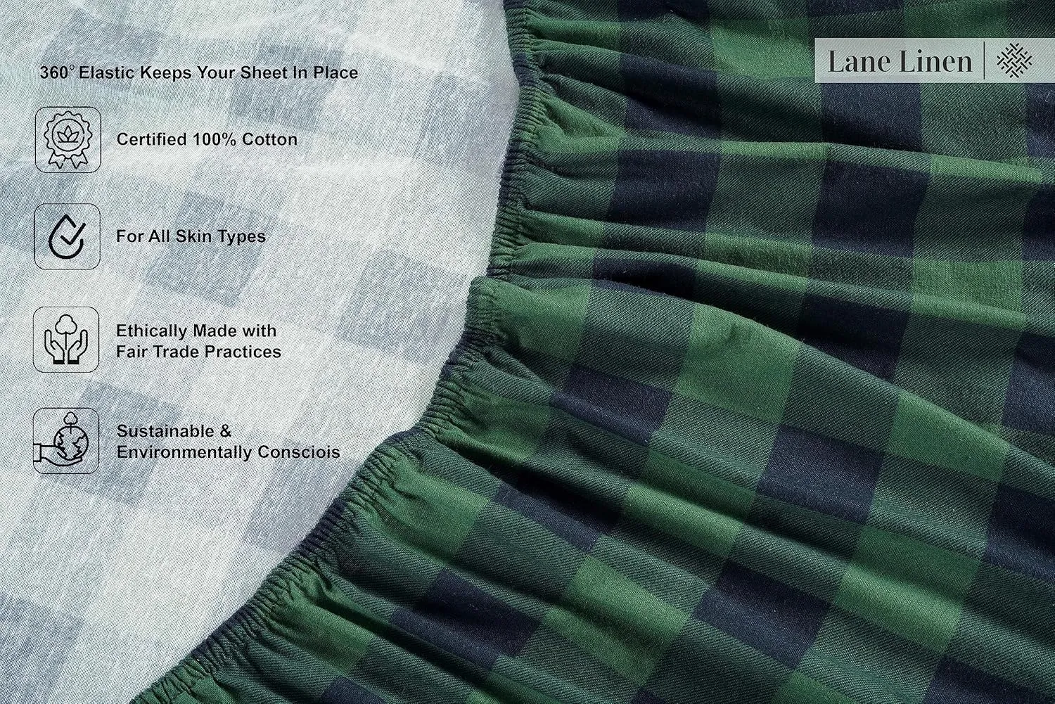 LANE LINEN Cotton Flannel Queen Sheet Set - Brushed for Extra Softness - Lightweight Queen Size 100% Cotton Sheets - Warm & Cozy Flannel Cotton Bed Sheets, 15" Deep Pocket - Buffalo Checks Green