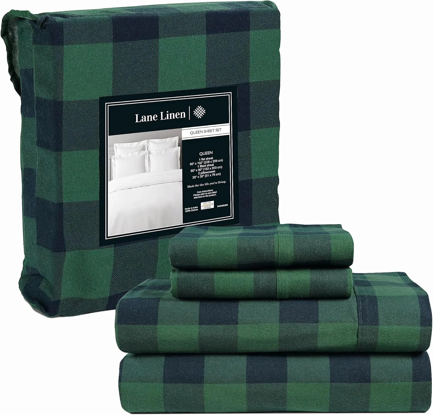 LANE LINEN Cotton Flannel Queen Sheet Set - Brushed for Extra Softness - Lightweight Queen Size 100% Cotton Sheets - Warm & Cozy Flannel Cotton Bed Sheets, 15" Deep Pocket - Buffalo Checks Green