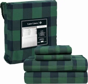 LANE LINEN Cotton Flannel Queen Sheet Set - Brushed for Extra Softness - Lightweight Queen Size 100% Cotton Sheets - Warm & Cozy Flannel Cotton Bed Sheets, 15" Deep Pocket - Buffalo Checks Green