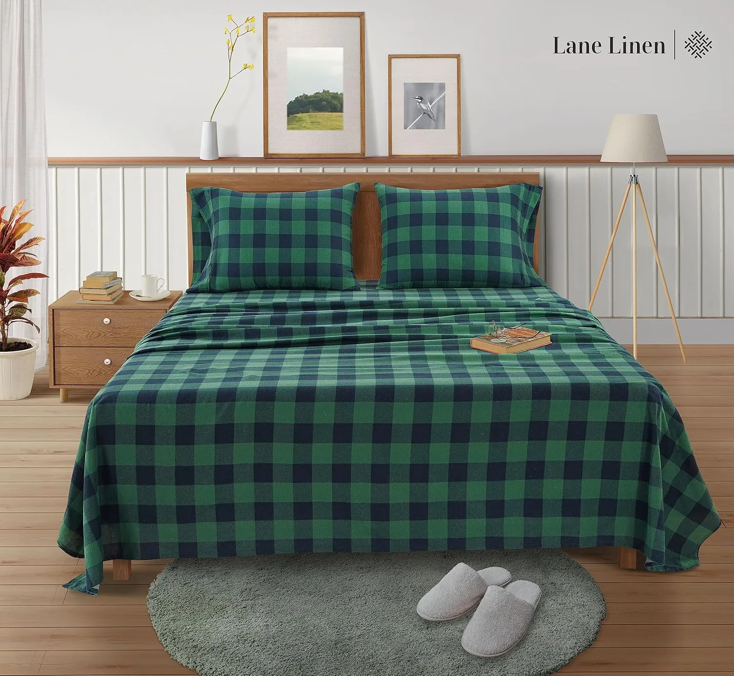 LANE LINEN Cotton Flannel Queen Sheet Set - Brushed for Extra Softness - Lightweight Queen Size 100% Cotton Sheets - Warm & Cozy Flannel Cotton Bed Sheets, 15" Deep Pocket - Buffalo Checks Green