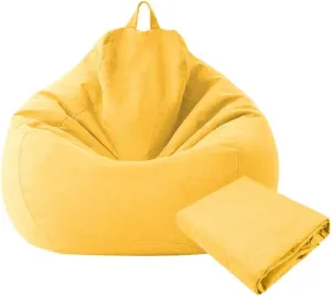 Large Small Lazy Sofas Cover Chairs Without Filler Linen Cloth Lounger Seat Bean Bag Pouf Puff Couch Tatami Living Room Beanbags (Yellow, 100x120cm)