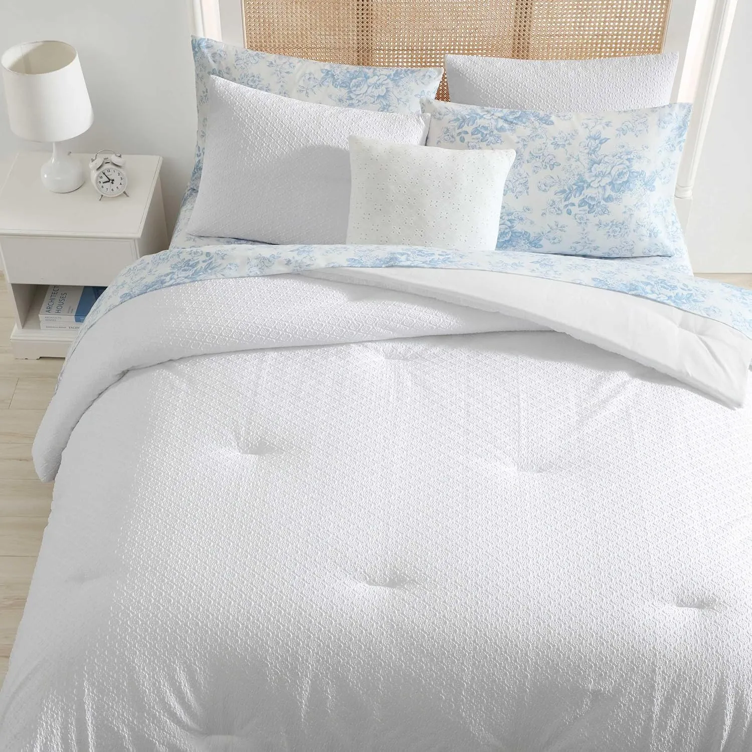Laura Ashley - Queen Comforter Set, Embossed Diamond Textured Bonus Bed Set, Includes Comforter, Shams, Bed Sheets and Decorative Pillow, Dorm Essentials (Margaret White, Queen)