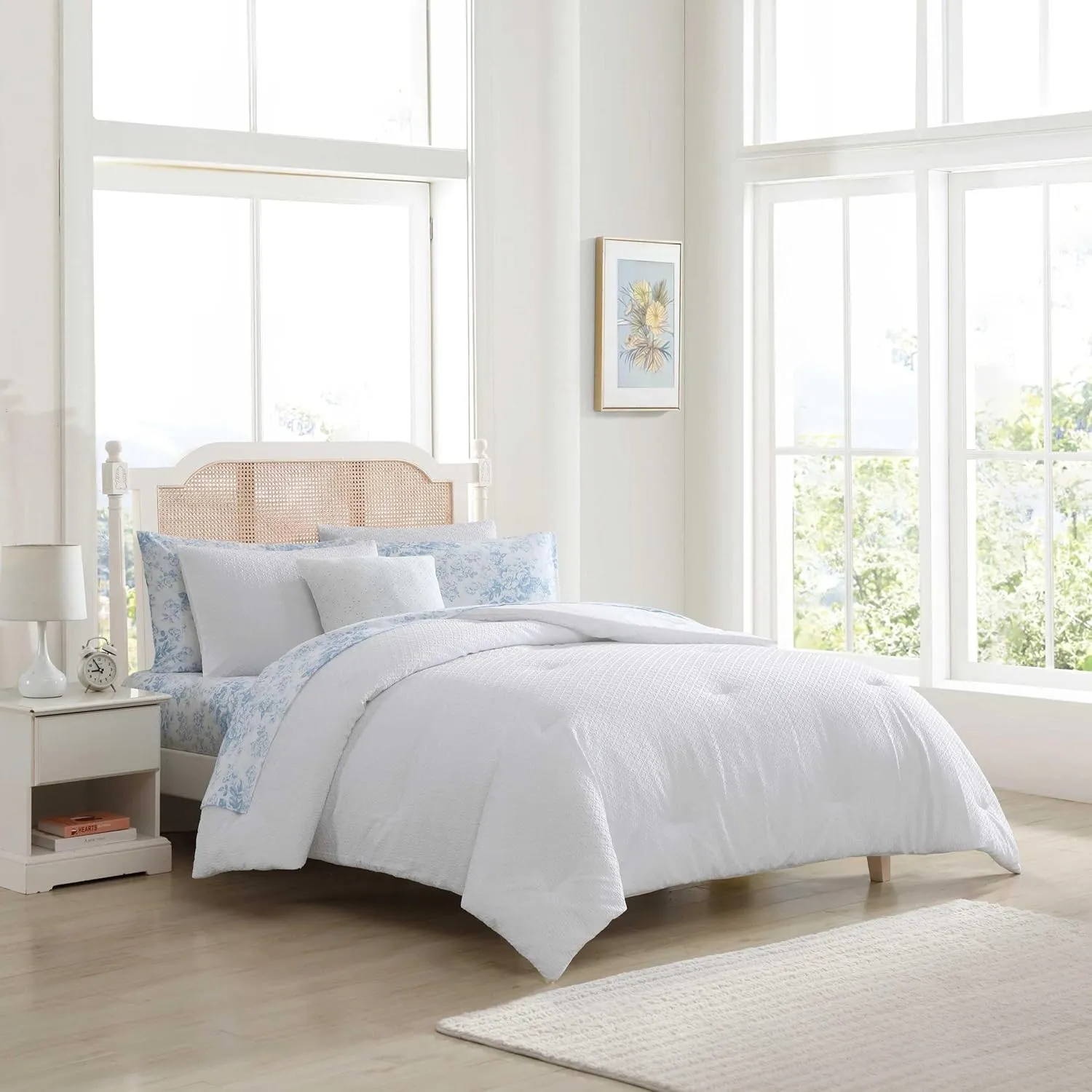 Laura Ashley - Queen Comforter Set, Embossed Diamond Textured Bonus Bed Set, Includes Comforter, Shams, Bed Sheets and Decorative Pillow, Dorm Essentials (Margaret White, Queen)