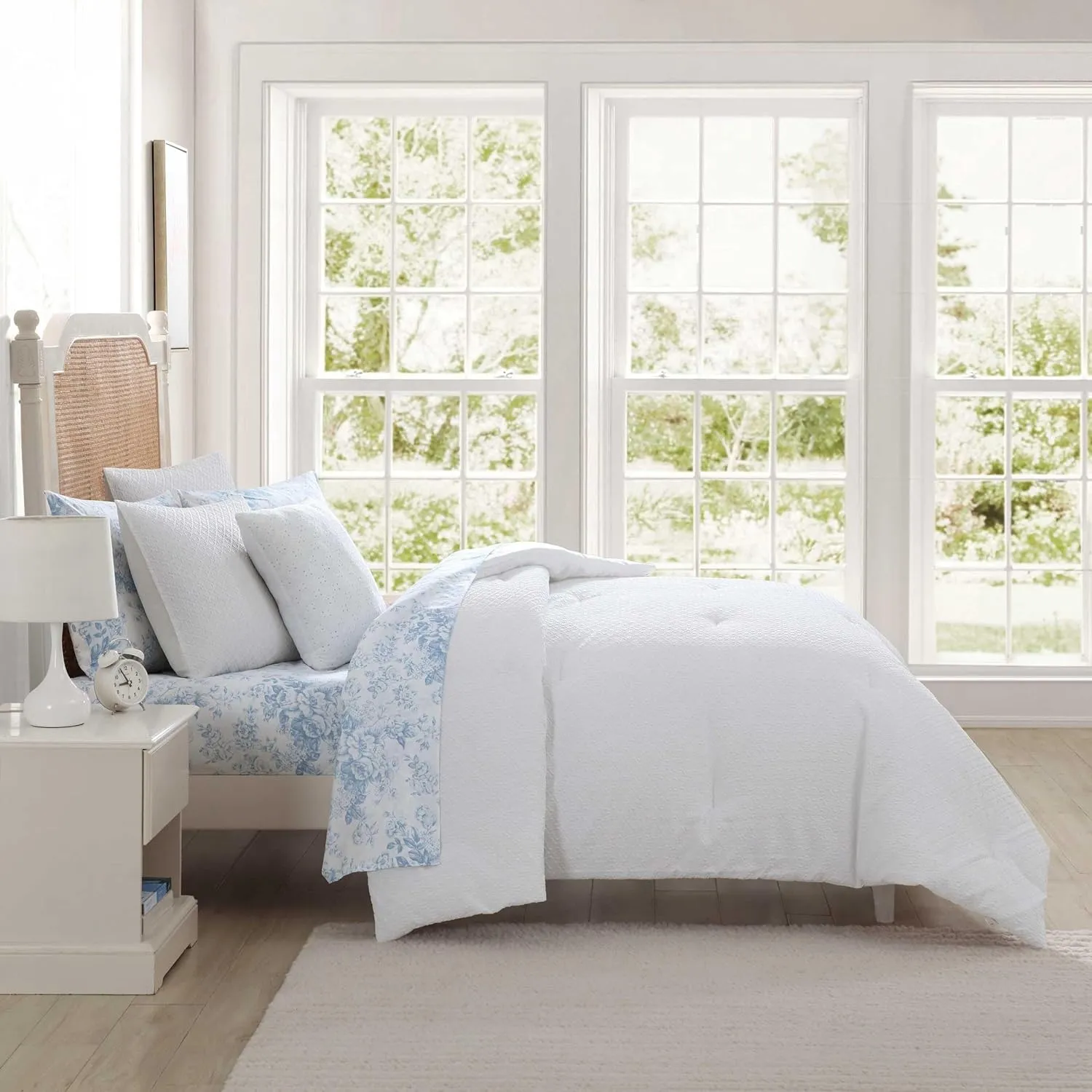 Laura Ashley - Queen Comforter Set, Embossed Diamond Textured Bonus Bed Set, Includes Comforter, Shams, Bed Sheets and Decorative Pillow, Dorm Essentials (Margaret White, Queen)