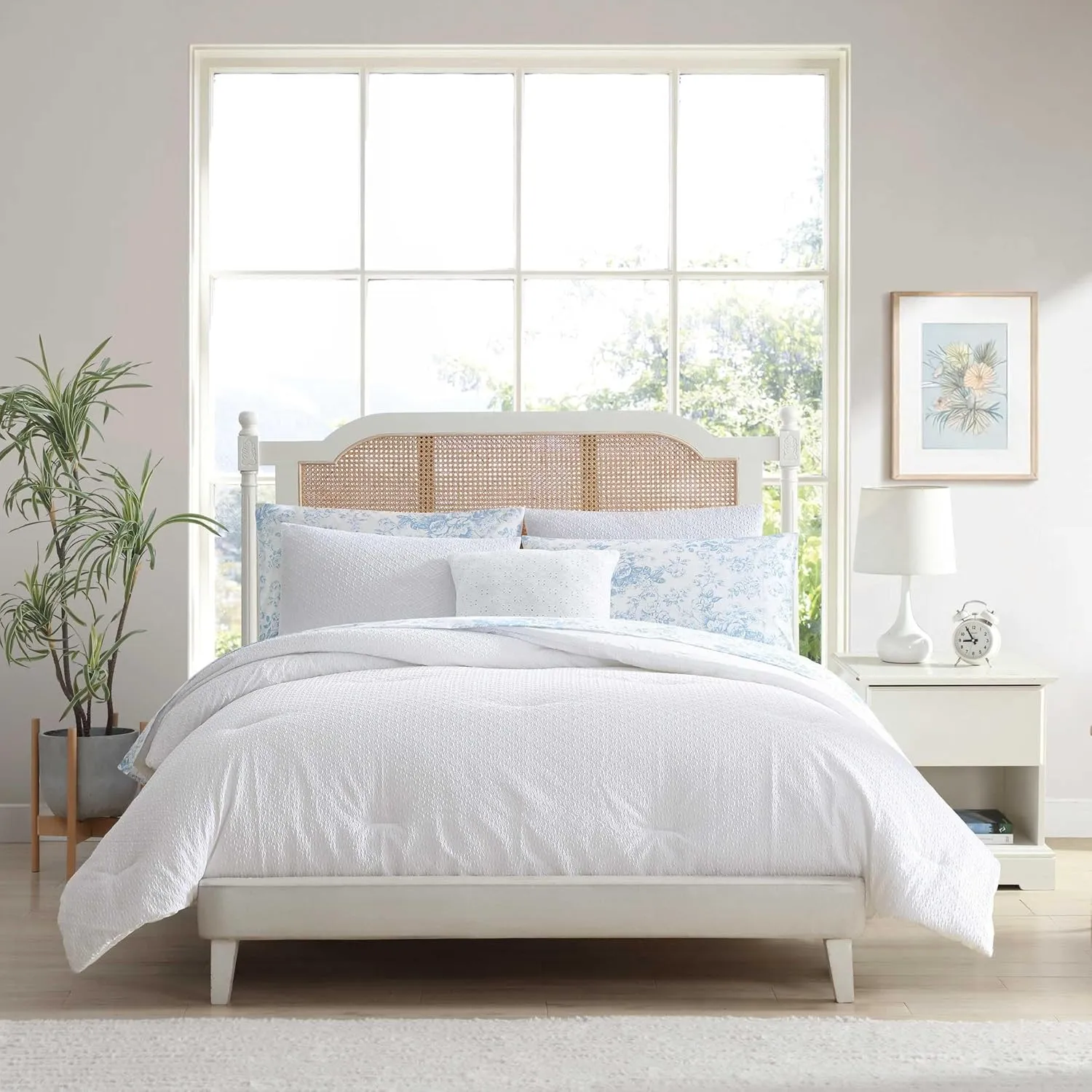 Laura Ashley - Queen Comforter Set, Embossed Diamond Textured Bonus Bed Set, Includes Comforter, Shams, Bed Sheets and Decorative Pillow, Dorm Essentials (Margaret White, Queen)