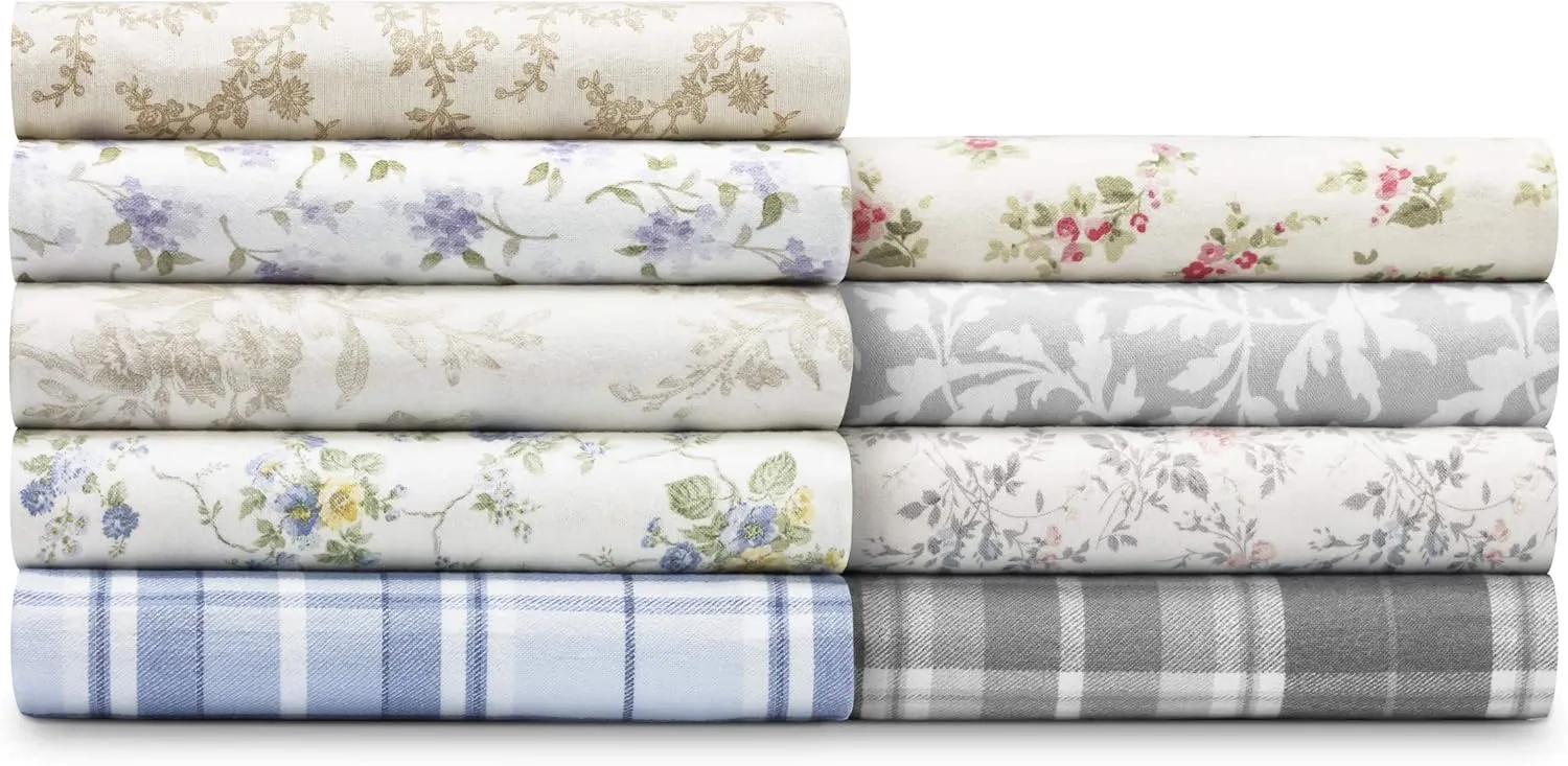 Laura Ashley - Queen Sheet Set, Cotton Flannel Bedding, Brushed for Extra Softness & Comfort (Crestwood Pastel Grey, Queen)