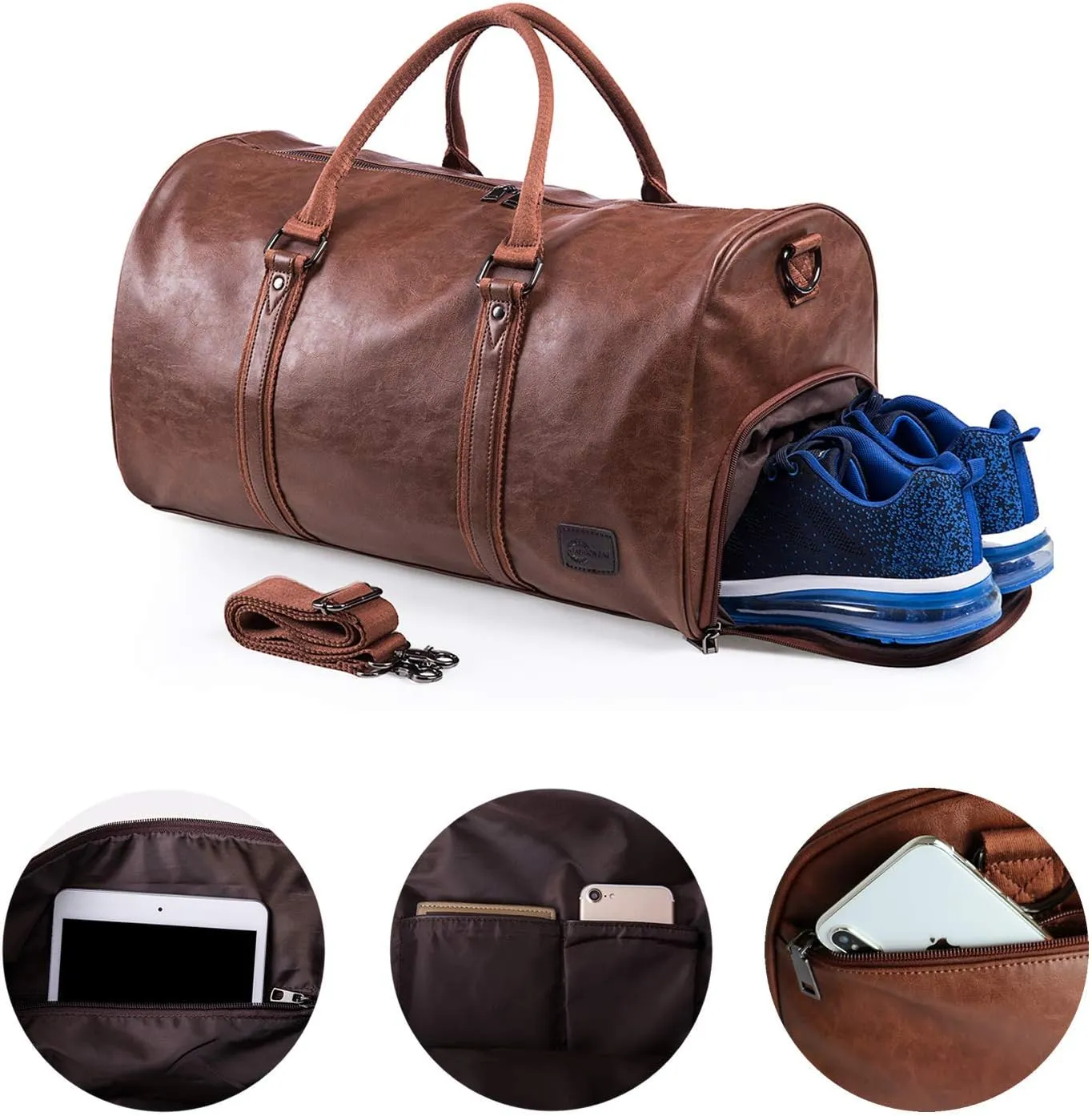 Leather Travel Bag with Shoe Pouch, Waterproof Weekender Overnight Bag,Carry On Duffel Bag for Men Women-Brown