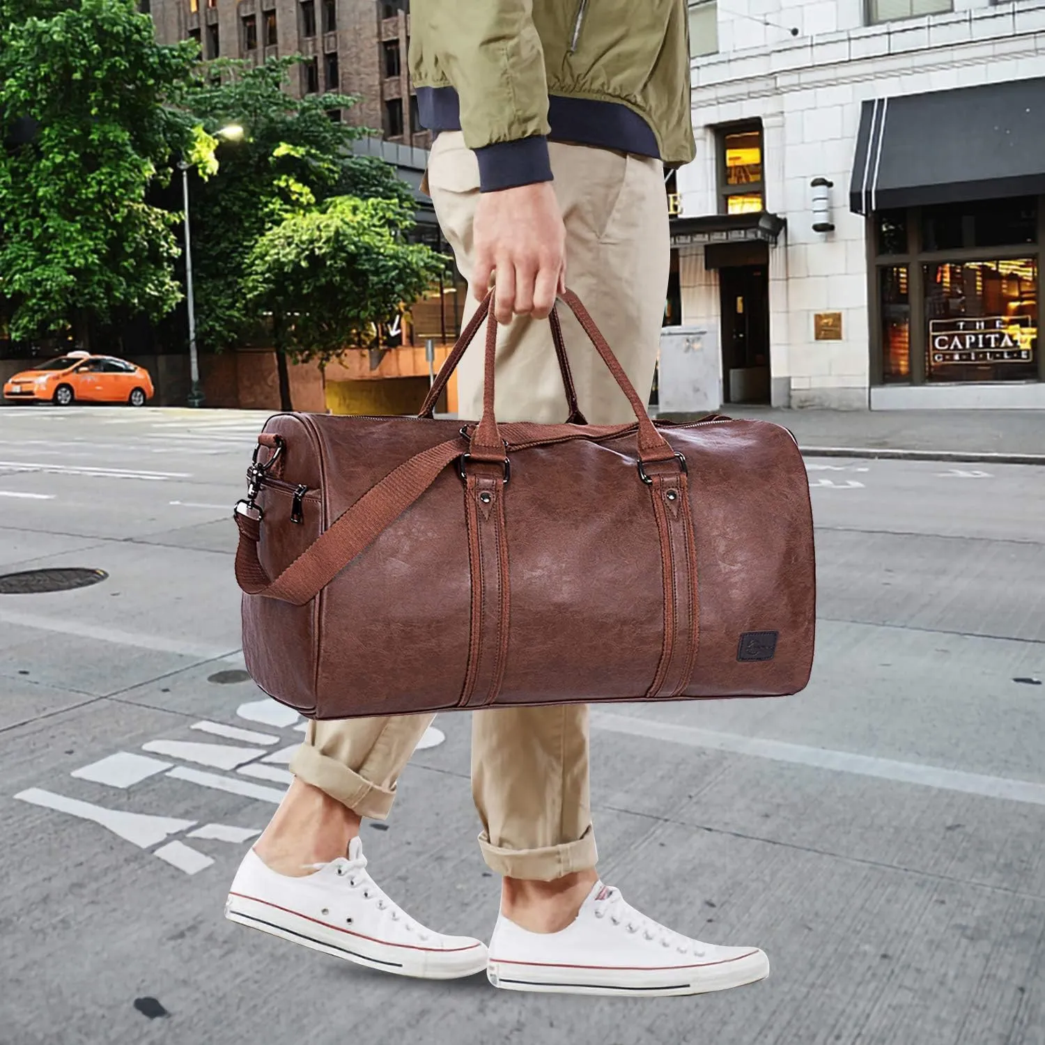 Leather Travel Bag with Shoe Pouch, Waterproof Weekender Overnight Bag,Carry On Duffel Bag for Men Women-Brown