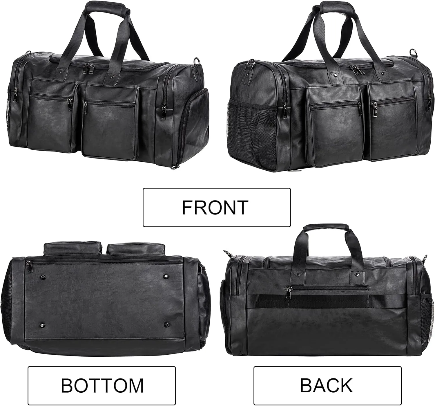 Leather Travel Bag with Shoe Pouch,Weekender Overnight Bag Waterproof Leather Large Carry On Bag Travel Tote Duffel Bag for Men or Women-Black