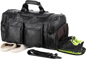 Leather Travel Bag with Shoe Pouch,Weekender Overnight Bag Waterproof Leather Large Carry On Bag Travel Tote Duffel Bag for Men or Women-Black