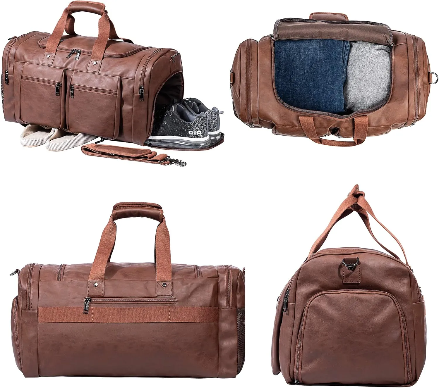 Leather Travel Bag with Shoe Pouch,Weekender Overnight Bag Waterproof Leather Large Carry On Bag Travel Tote Duffel Bag for Men or Women-Brown