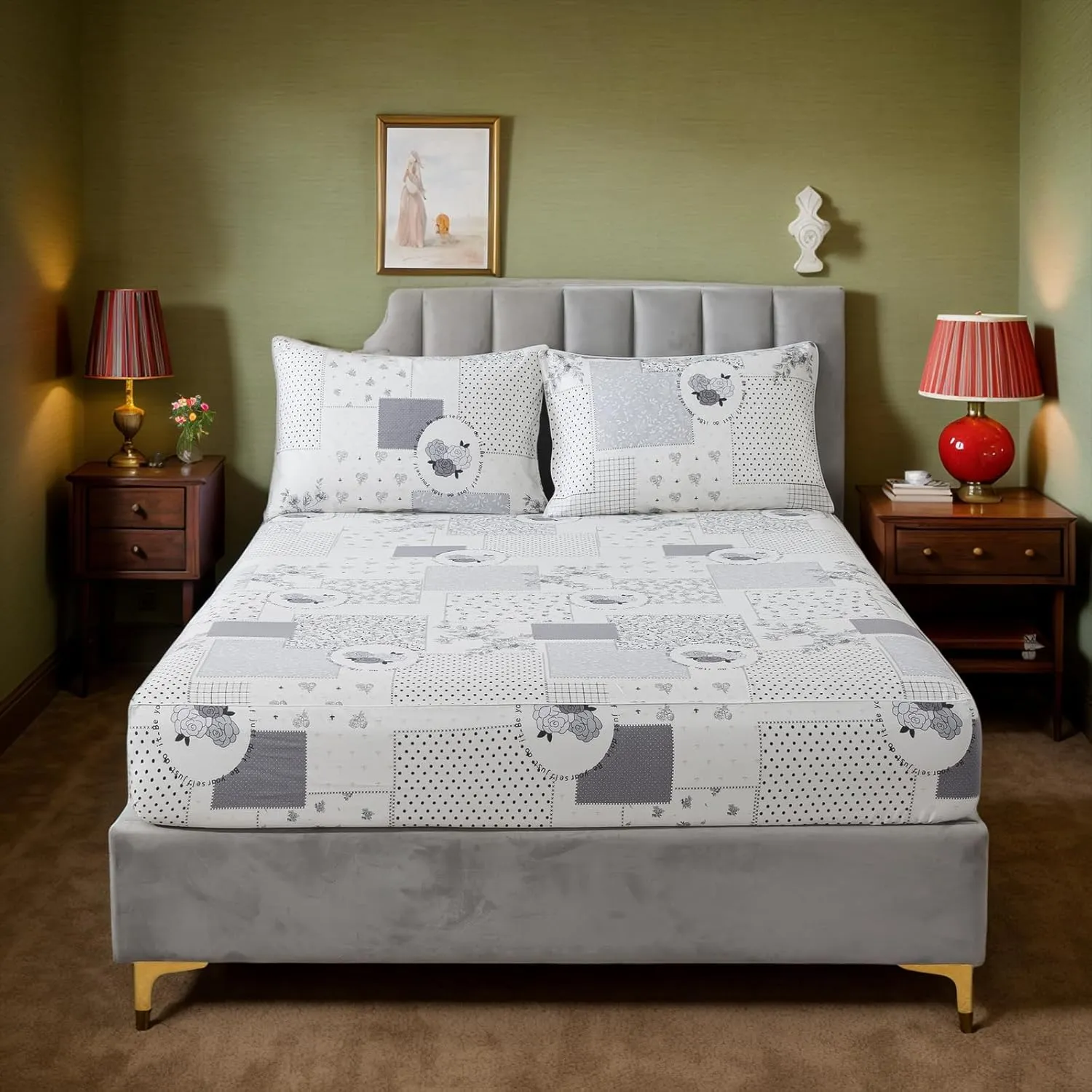 Lemfux Queen Sheet Set, 4-Piece, 100% Cotton - Floral Pattern Soft White Farmhouse Bedding Set 1 Flat Sheet 102"x98", 1 Fitted Sheet 60"x80", 2 Pillowcases 20"x29"