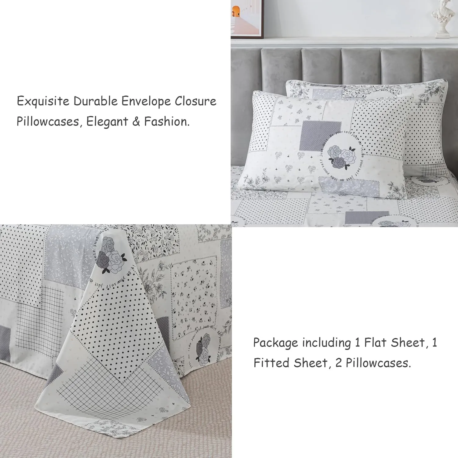 Lemfux Queen Sheet Set, 4-Piece, 100% Cotton - Floral Pattern Soft White Farmhouse Bedding Set 1 Flat Sheet 102"x98", 1 Fitted Sheet 60"x80", 2 Pillowcases 20"x29"