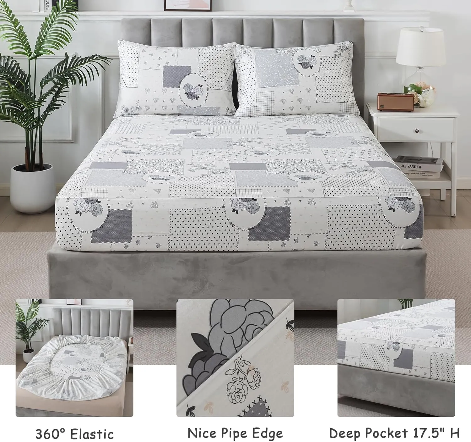 Lemfux Queen Sheet Set, 4-Piece, 100% Cotton - Floral Pattern Soft White Farmhouse Bedding Set 1 Flat Sheet 102"x98", 1 Fitted Sheet 60"x80", 2 Pillowcases 20"x29"