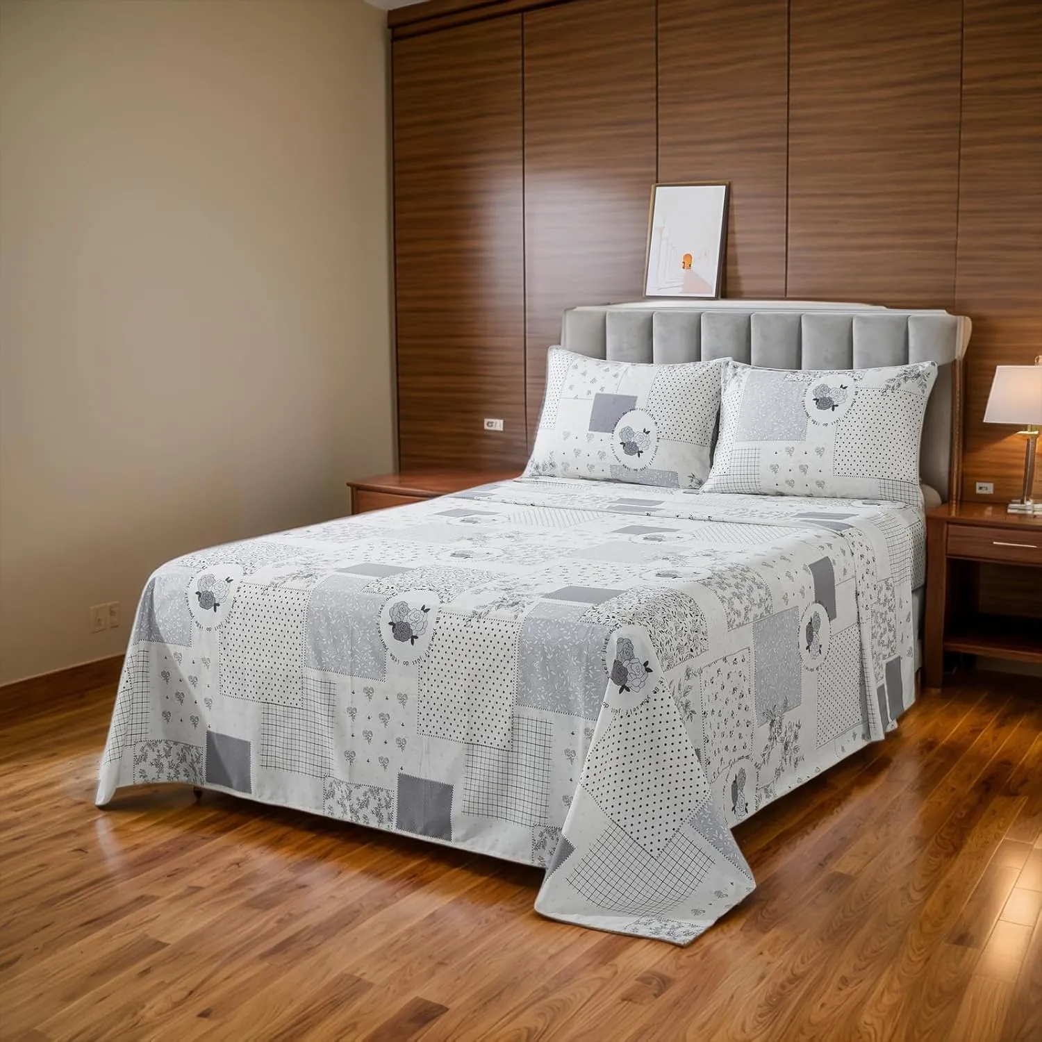 Lemfux Queen Sheet Set, 4-Piece, 100% Cotton - Floral Pattern Soft White Farmhouse Bedding Set 1 Flat Sheet 102"x98", 1 Fitted Sheet 60"x80", 2 Pillowcases 20"x29"