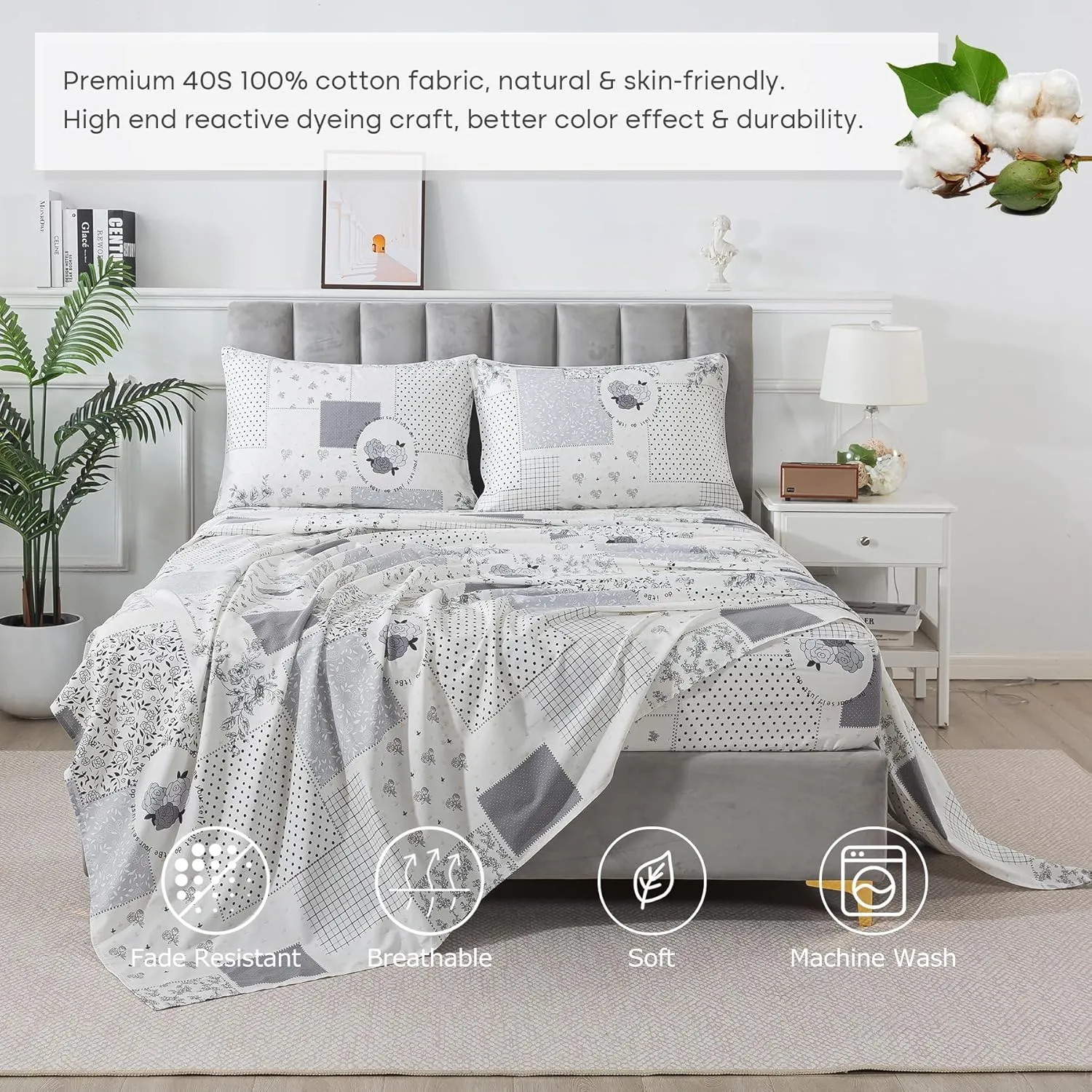 Lemfux Queen Sheet Set, 4-Piece, 100% Cotton - Floral Pattern Soft White Farmhouse Bedding Set 1 Flat Sheet 102"x98", 1 Fitted Sheet 60"x80", 2 Pillowcases 20"x29"