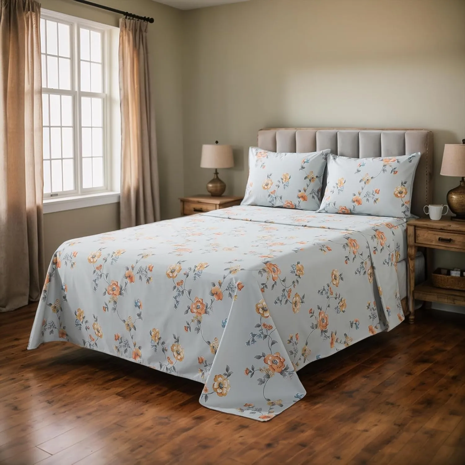 Lemfux Queen Sheet Set 4 Pieces Cotton Floral Pattern Vintage Deep Pocket17.5, Garden Style Soft Bed Sheet, Farmhouse Bedding Set 1 Flat Sheet 102"x98", 1 Fitted Sheet 60"x80", 2 Pillowcases 20"x29"