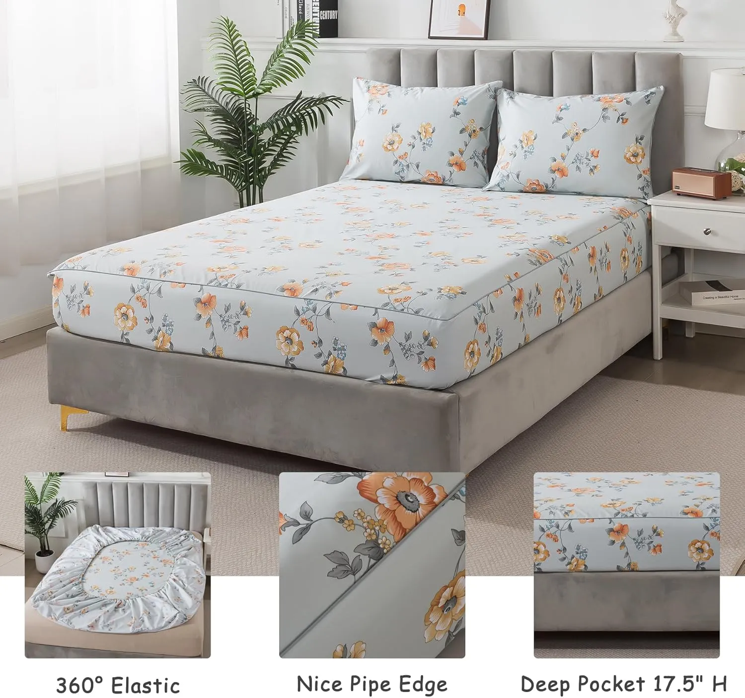 Lemfux Queen Sheet Set 4 Pieces Cotton Floral Pattern Vintage Deep Pocket17.5, Garden Style Soft Bed Sheet, Farmhouse Bedding Set 1 Flat Sheet 102"x98", 1 Fitted Sheet 60"x80", 2 Pillowcases 20"x29"