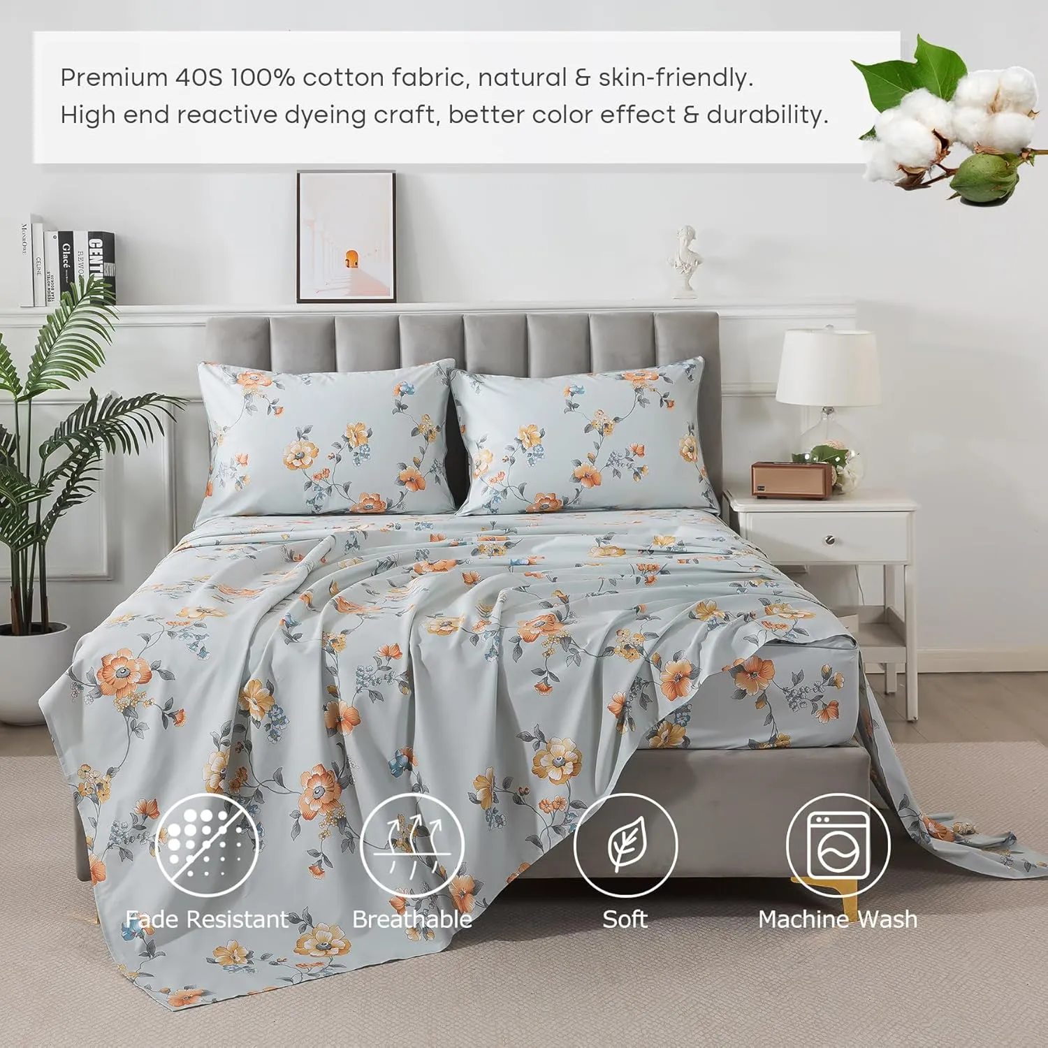 Lemfux Queen Sheet Set 4 Pieces Cotton Floral Pattern Vintage Deep Pocket17.5, Garden Style Soft Bed Sheet, Farmhouse Bedding Set 1 Flat Sheet 102"x98", 1 Fitted Sheet 60"x80", 2 Pillowcases 20"x29"